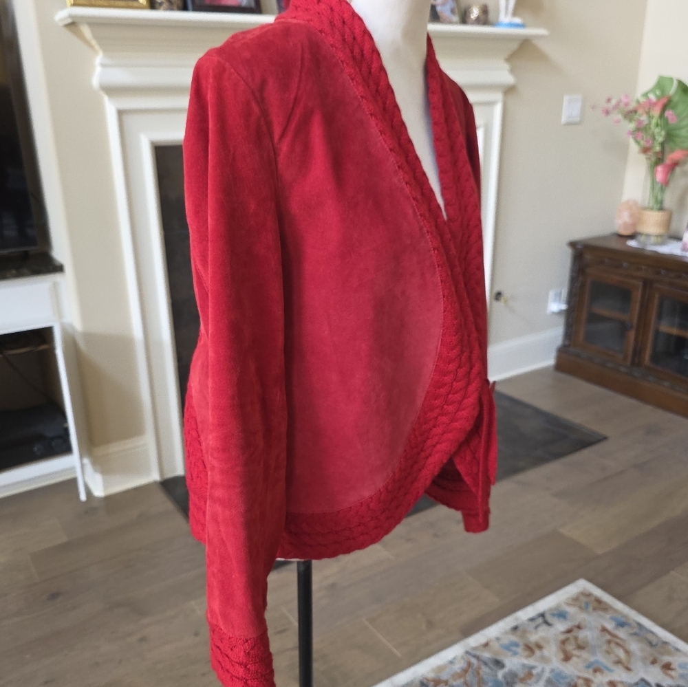 Coldwater Creek Red Suede Leather Cable Knit Jacket Size Large L - Picture 4 of 16